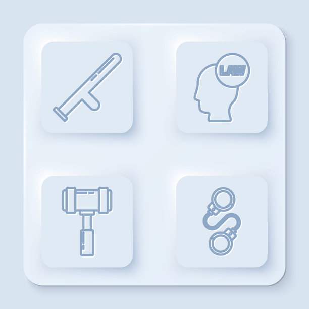 警察橡皮警棍，头戴法棍，法官木槌和手铐。白色方形按钮。向量图片下载