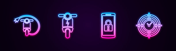 设有电动滑板车，智能手机锁和时间管理。发光的霓虹灯图标。向量图片下载