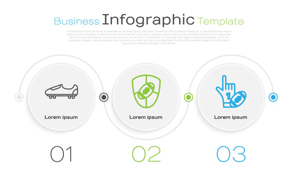 设置线足球或足球鞋与尖刺，美式足球和盾牌和1号球迷的手手套与手指举起和美式足球。业务信息图表模板。向量图片下载