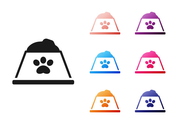 黑色宠物食品碗的猫或狗图标孤立的白色背景。狗或猫的爪印。设置图标彩色。向量图片下载