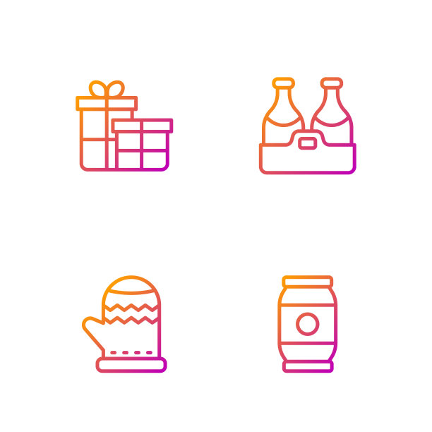啤酒罐，圣诞手套，礼品盒，香槟瓶。渐变颜色图标。向量图片下载