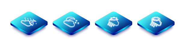 设置等距线云与月亮和星星，，雨太阳和图标。向量图片下载