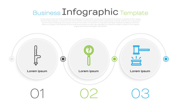 设置警用橡皮警棍，放大镜，带搜查和法官小槌。业务信息图表模板。向量图片下载