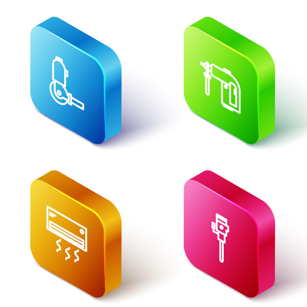 设置等距线角磨床，旋锤钻机，空调和施工手提钻图标。向量图片下载