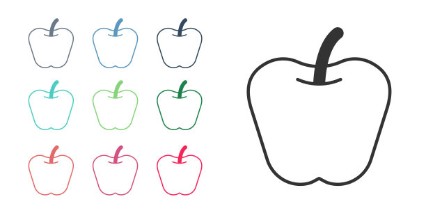 黑苹果图标孤立在白色背景。多余的体重。健康饮食菜单。健身减肥苹果。设置图标彩色。向量图片下载