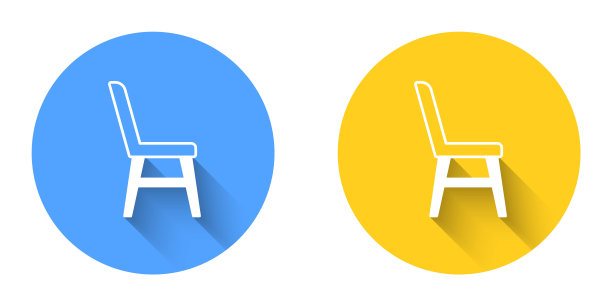 白色椅子图标孤立与长阴影背景。圆按钮。向量图片下载