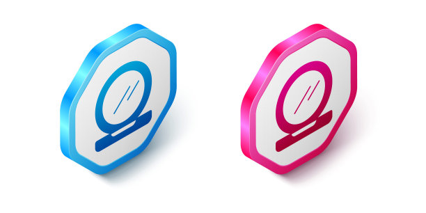 等距化妆粉与镜像图标隔离在白色背景。六角按钮。向量图片下载