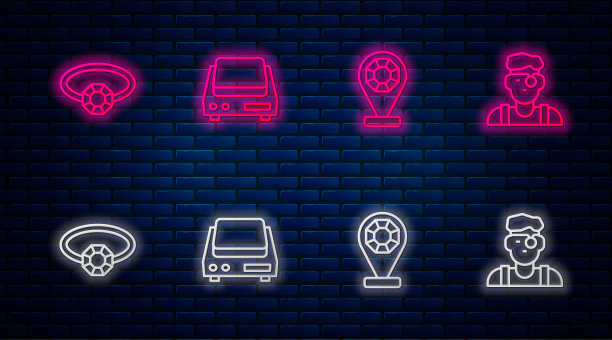 集行电子珠宝秤，珠宝店，钻石订婚戒指和珠宝商。砖墙上发光的霓虹灯图标。向量图片下载