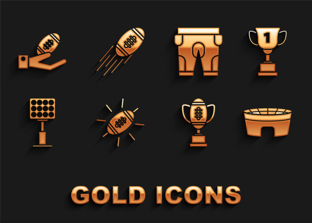 集美式足球，奖杯，体育场，和足球，明亮的灯，短裤，在手和图标。向量图片下载