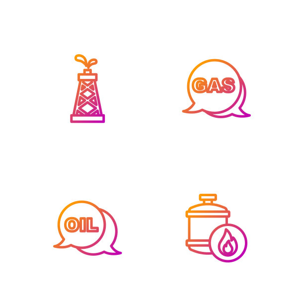 设置线路丙烷气罐，Word油，石油钻机和位置和站。渐变颜色图标。向量图片下载