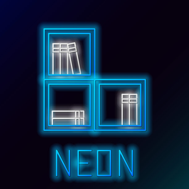 发光的霓虹灯线书架与书籍图标孤立的黑色背景。货架上的迹象。色彩缤纷的轮廓概念。向量图片下载