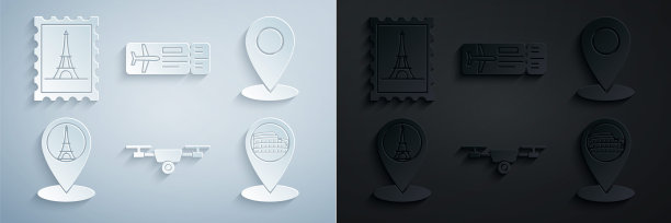 设置无人机飞行与行动摄像机，地图针，指针埃菲尔铁塔，罗马体育馆，意大利，机票和邮政邮票和图标。向量图片下载