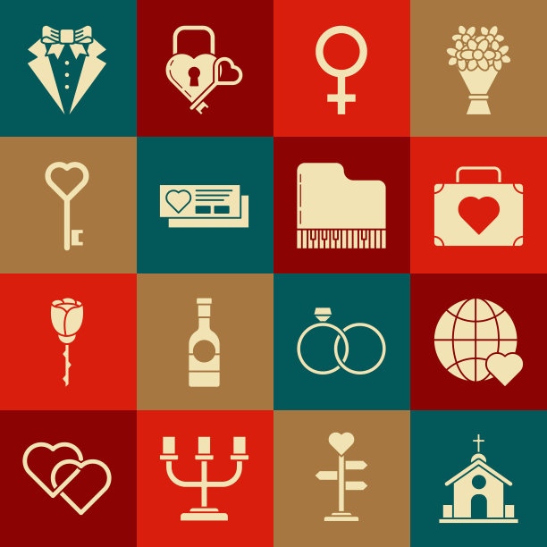 集教堂建筑，心世界的爱，旅行箱旅行，女性的性别符号，票，键形状，和大钢琴图标。向量图片下载