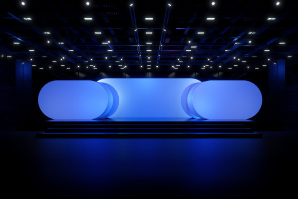 运动空的舞台设计模型和企业形象，展示。大厅舞台绿幕。图形资源的空白屏幕。场景事件引导的夜光舞台。动画循环4k。3 d渲染。图片下载