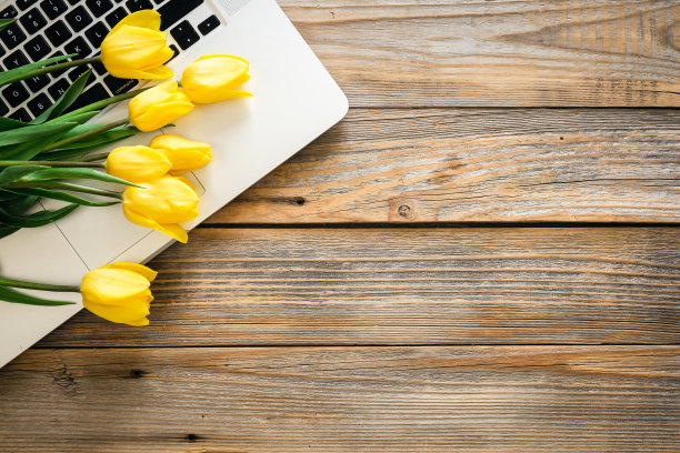 一束黄色的郁金香和一台笔记本电脑，木制背景孤立，俯视图。图片下载