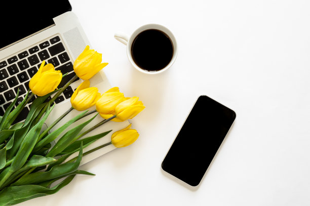 智能手机，一杯咖啡，笔记本电脑和一束白色背景的郁金香。图片下载