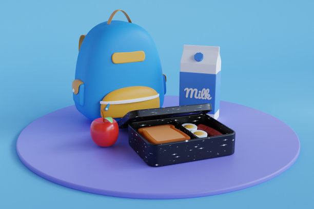 午餐盒和袋与美味的食物3d插图。饭盒里有开胃的食物，饭袋放在桌上。三维演示图片下载
