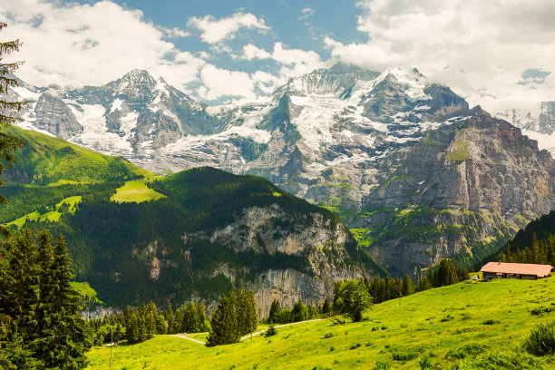 山的风景。Lauterbrunnen。瑞士。伯尔尼州。穆伦村庄。夏天。绿草图片下载