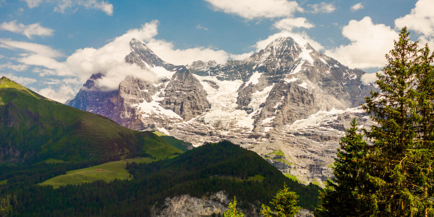 山的风景。Lauterbrunnen。瑞士。伯尔尼州。穆伦村庄。夏天。绿草图片下载