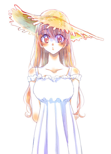 长发女孩戴着草帽图片下载