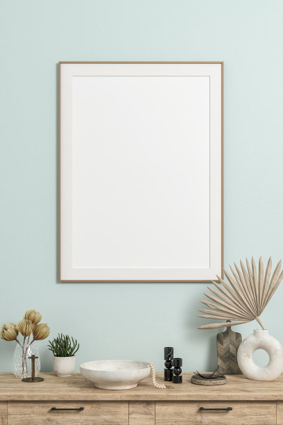 简单的室内有一个橱柜和一个大矩形相框和五六十年代的装饰图片下载