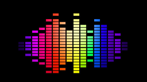 在黑色背景上显示音量的彩色音乐条的3D渲染图片下载