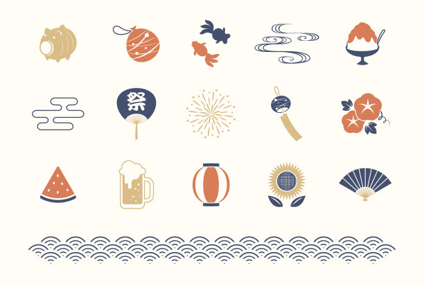 矢量背景与一套日本夏季图标的横幅，卡片，传单，社交媒体壁纸等。图片下载