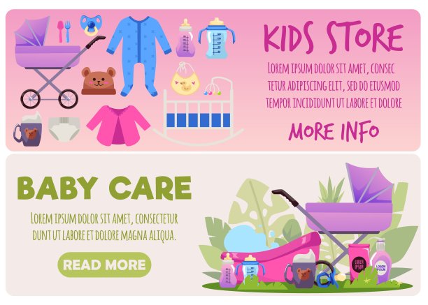 孩子商店和婴儿护理用品，广告网页横幅设置平面矢量插图。新生儿和婴儿配件-婴儿车，婴儿床，奶嘴，奶瓶和衣服。图片下载