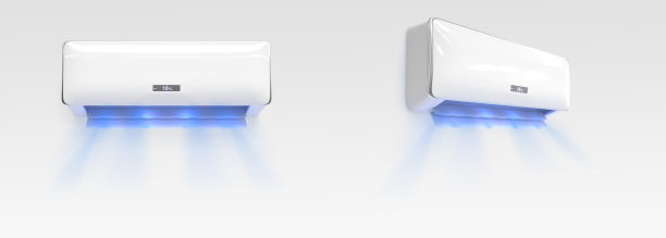空调与冷风波的正面和角度视图3d渲染集。清爽调理效果。用于控制室内温度和气候的现代电子装置图片下载