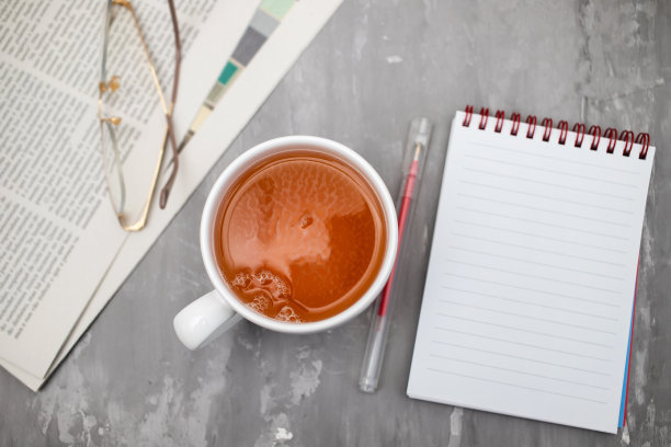 报纸和茶杯，配老花镜。图片下载