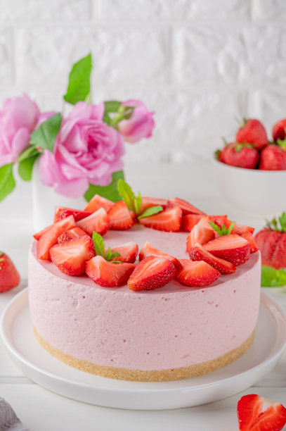 白色木制背景上的新鲜草莓芝士蛋糕。夏天的甜点。有选择性的重点。副本的空间。图片下载
