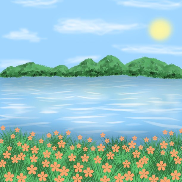 清晨的湖泊插图。适合印刷品，贺卡，邮票卡，张贴在社交媒体或壁纸。图片下载