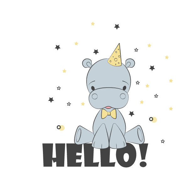 矢量可爱的河马卡通人物。你好，河马卡片邀请孩子们。小河马图片下载