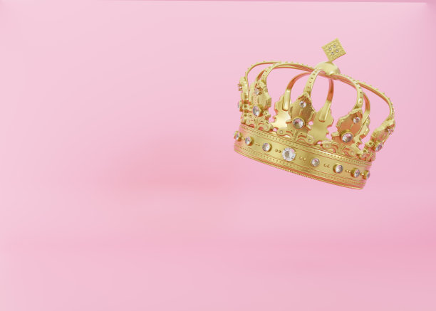 3d皇家金色皇冠与玻璃钻石粉红色的背景。纹理国王金皇冠图标。3d渲染图。图片下载