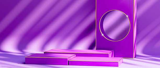 一个紫色的墙壁与一个圆形和紫色纹理EID背景。品牌和包装展示。几何形状在讲台舞台上形成3个方形造型图片下载