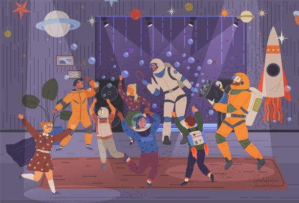 孩子们在生日时和动画师一起玩宇宙风格的游戏。穿着特殊服装的人们在太空派对上玩得很开心图片下载