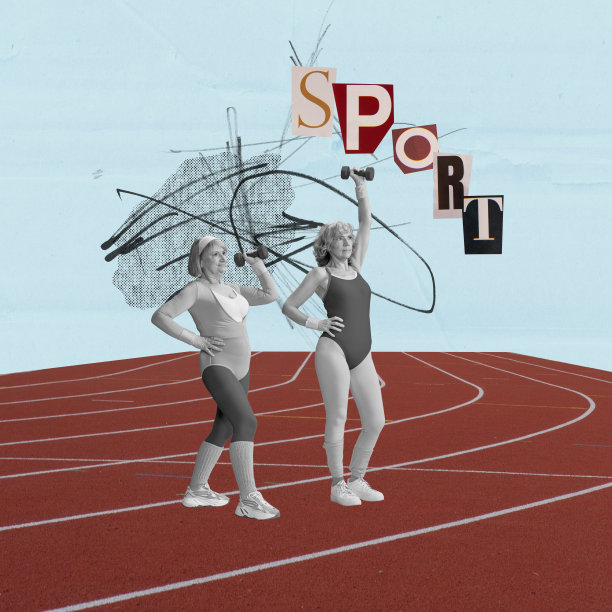 两名身着运动服的高年级女生在体育馆里训练，用哑铃做着丁当健身运动。保持运动精神。当代艺术拼贴。图片下载