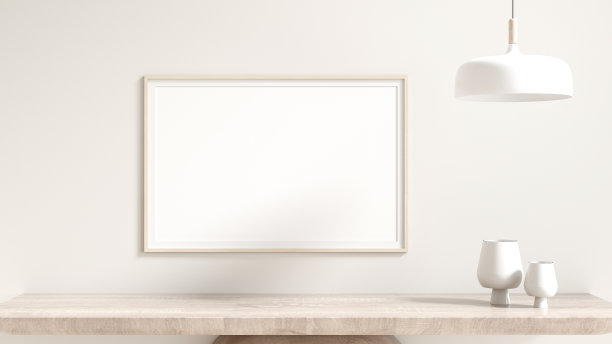 空白的木制海报框架模型。摆放在木制橱柜上的家具。花瓶和台灯。白色的房间背景，奶油色，以及从窗户射进来的自然光。三维渲染图片下载