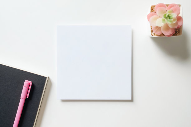 工作空间与空贺卡，笔和仙人掌在白色背景。图片下载