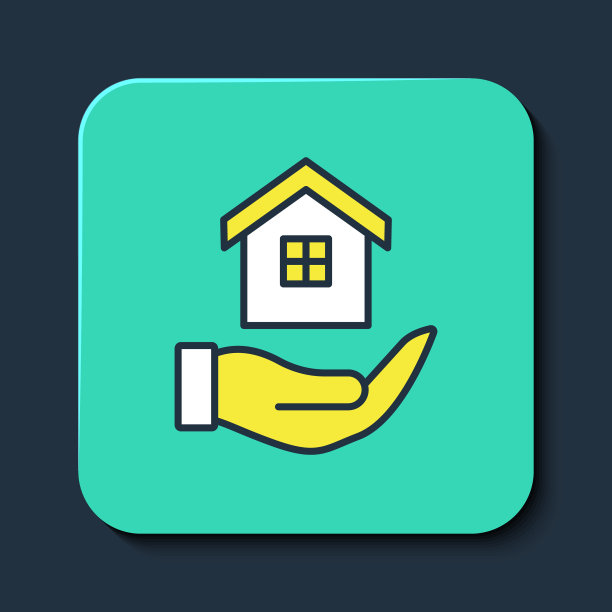 填充轮廓的房子在手中的图标孤立的蓝色背景。保险的概念。安全、安全、保护、保护的理念。绿松石方形纽扣。向量图片下载