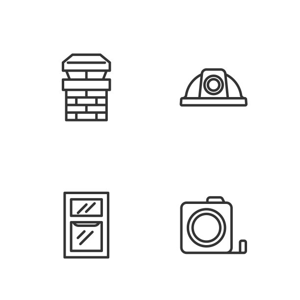 设置线轮盘赌建设，窗户在房间，烟囱和工人安全帽图标。向量图片下载