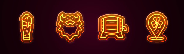 啤酒，胡须，木桶，三叶草。发光的霓虹灯图标。向量图片下载