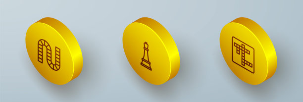 设置等距线棋盘游戏，国际象棋和填字游戏图标。向量图片下载