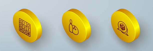 设置等距线宾果卡，保龄球和球和游戏骰子图标。向量图片下载