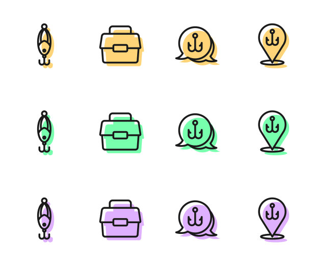 设线钓鱼钩，诱饵，案件或盒子钓鱼和图标。向量图片下载