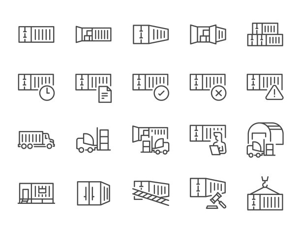 容器图标集。它包括货物、叉车、仓库、集装箱、仓库和更多图标。图片下载