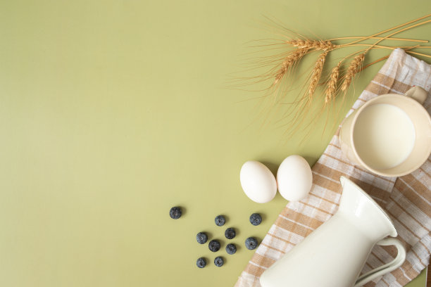 特写，俯视图，白色牛奶罐，白色鸡蛋，绿色背景上的蓝莓图片下载