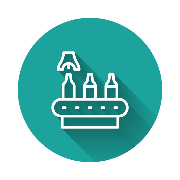 白线啤酒厂生产线上灌装酒精饮料的玻璃瓶图标与长阴影背景隔离。绿色圆形按钮。向量图片下载