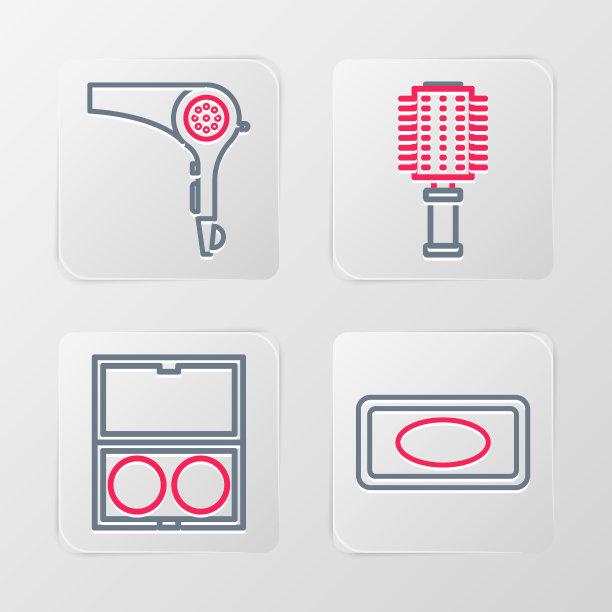 设置线肥皂，化妆粉与镜子，发刷和烘干机图标。向量图片下载