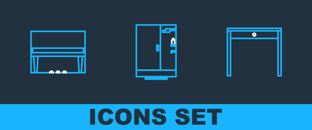 设置线木桌，大钢琴和淋浴房图标。向量图片下载